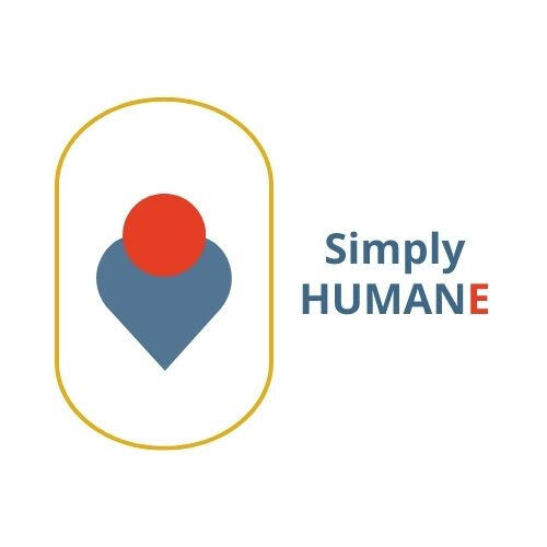 Logo Simply HUMANE representing an oval body shape, with a yellow outline. It represents the body of a human. Inside is a red plain circle which represents the head / mind and a blue heart that is double the size of the head. The blue heart represents the